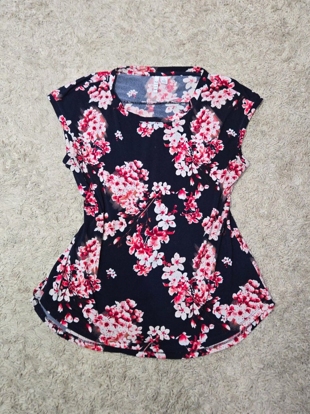 🌸 ELLE Feminine  Black & Pink Cherry Blossom Botanical Floral Cap Sleeve Top